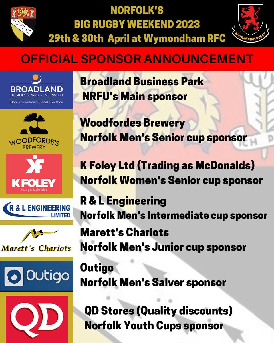 Only a few weeks away from the Norfolk RFU Big Rugby weekend. We would not be able to host these events without our generous sponsors. Please like and follow their pages. Any support you can give them in return for their support of Rugby would be appreciated.