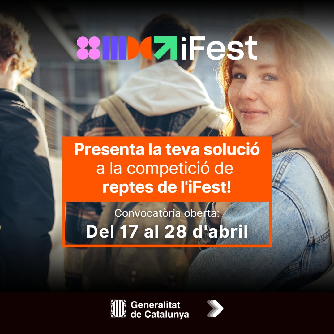 👩‍🔬👨‍💻 Tens entre 15 i 30 anys, ets estudiant i t'apassiona buscar solucions innovadores per millorar la societat?

🚀 Atreveix-te a resoldre els grans reptes de l'#iFestCat Challenge Competition! ifest.cat

🗓 Inscripcions obertes fins al 28 d’abril.