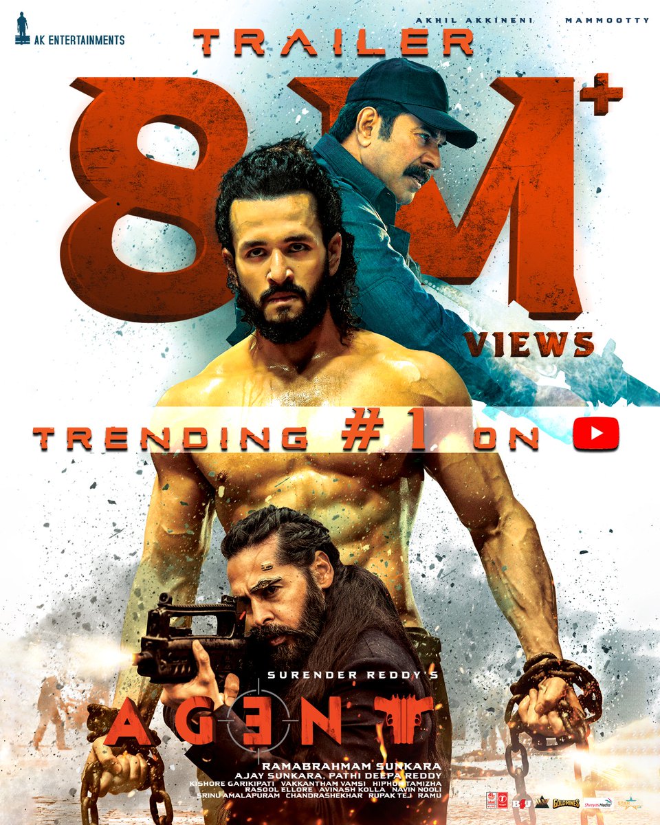 UrsVamsiShekar's tweet image. The #Agent TRIO has begun their mission on youtube🔥

#AgentTrailer Trending #1 on Youtube with 8M+ Views 💥💥

- youtu.be/kPWVAiqZYOg

#AGENTonApril28th

@AkhilAkkineni8 @mammukka #DinoMorea @sakshivaidya99 @DirSurender @hiphoptamizha @AnilSunkara1 @AKentsOfficial