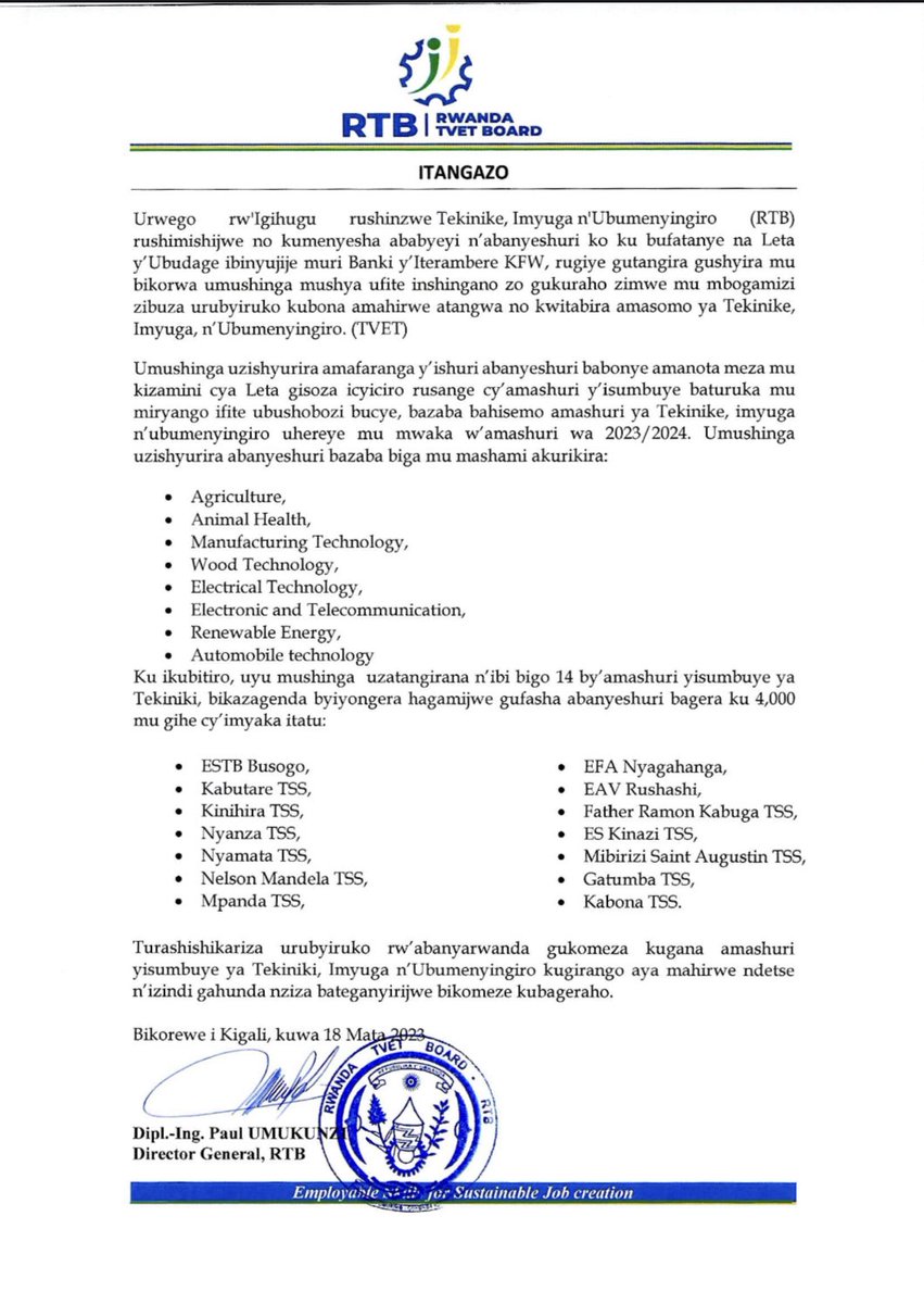 RTB_Rwanda's tweet photo. RTB is pleased to announce that in partnership with the German Government through @KfW_FZ_int , best perfoming students from low income households will receive scholarships to access Technical Education, allowing them to benefit from opportunities offered by #TVET. For more 👇 https://t.co/T6gwi1Snrm