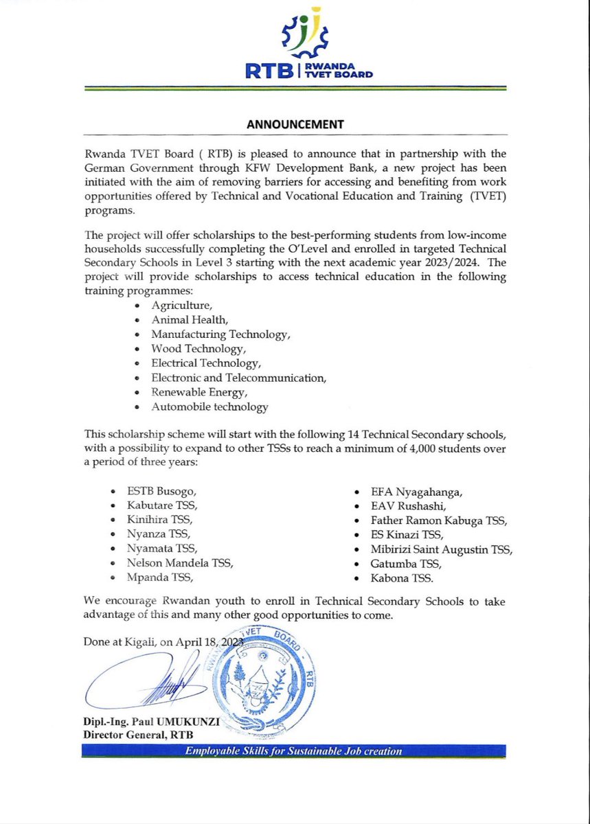 RTB_Rwanda's tweet photo. RTB is pleased to announce that in partnership with the German Government through @KfW_FZ_int , best perfoming students from low income households will receive scholarships to access Technical Education, allowing them to benefit from opportunities offered by #TVET. For more 👇 https://t.co/T6gwi1Snrm