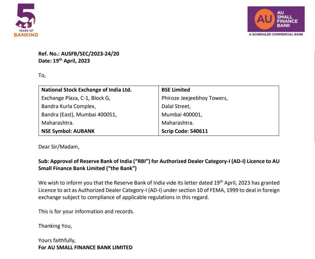 AU Small Finance Bank Limited Receives Approval Of Reserve Bank Of India For Authorized Dealer Category-I (AD-I) Licence to Deal in Foreign Exchange. 

#AUSmallFinanceBank #Receives #Approval #reservebankofindia #AuthorizedDealer #CategoryI #ADI #Licence #DEALINFOREIGNEXCHANGE