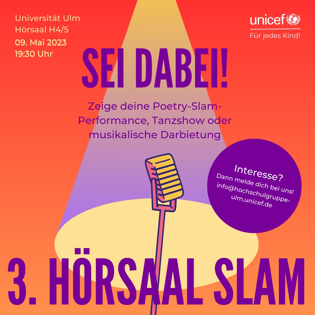 3. Ulmer HörsaalSlam

Endlich ist es soweit - nach drei Jahren Wartezeit findet der 3. Ulmer HörsaalSlam wieder statt! Die UNICEF Hochschulgruppe lädt Dich herzlich dazu ein, am Dienstag, den 09. Mai 2023 um 19:30 Uhr im Hörsaal H4/5 dabei zu sein.