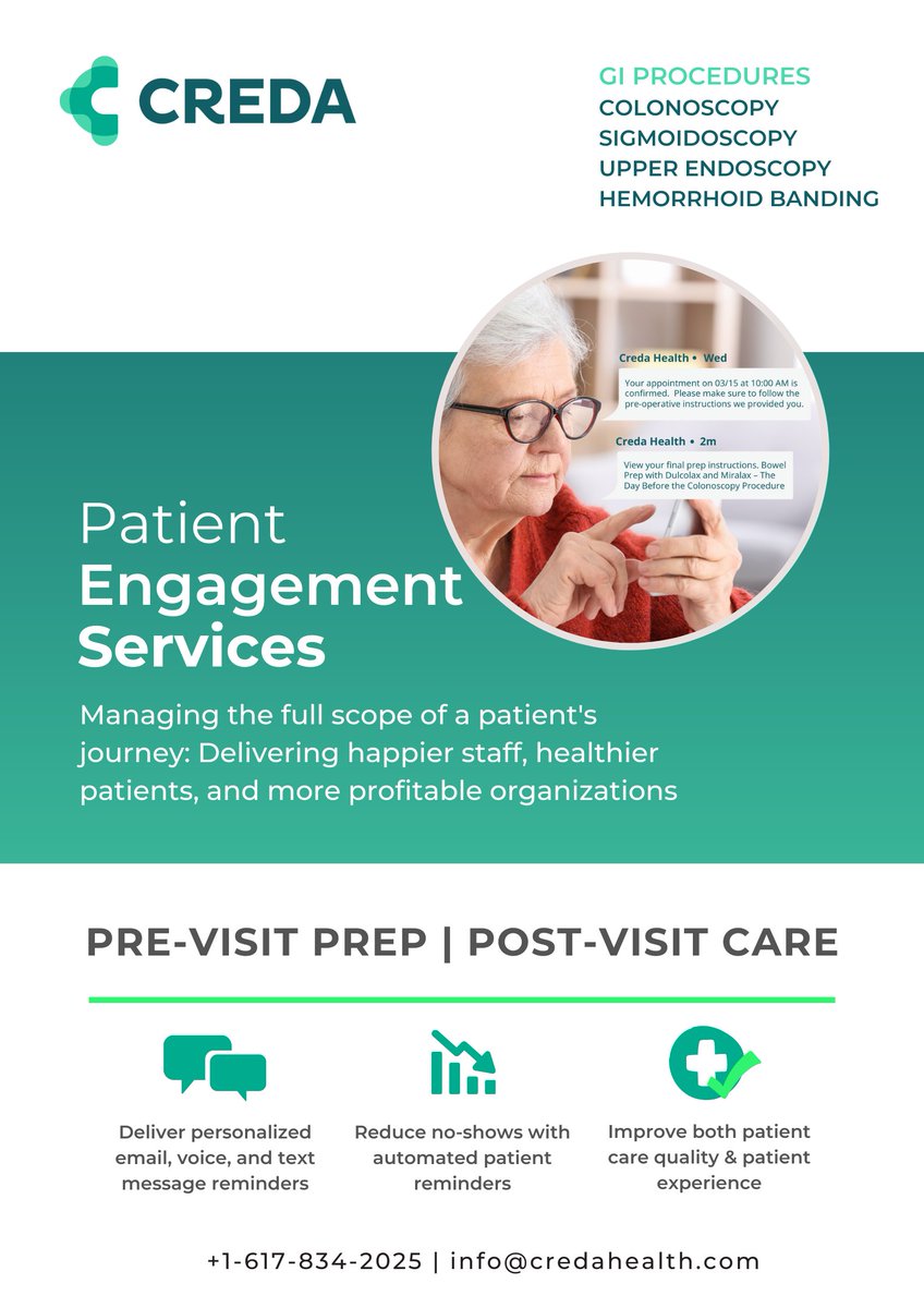 CredaHealth's tweet photo. Creda's Patient engagement service allows patients to schedule appointments and receive automated reminders and personalized communication on pre-visit prep instructions and post-visit care that send follow-up messages to patients on time. 
#gastrointestinal #colonoscopy #IBD https://t.co/jqnyxvkCuK