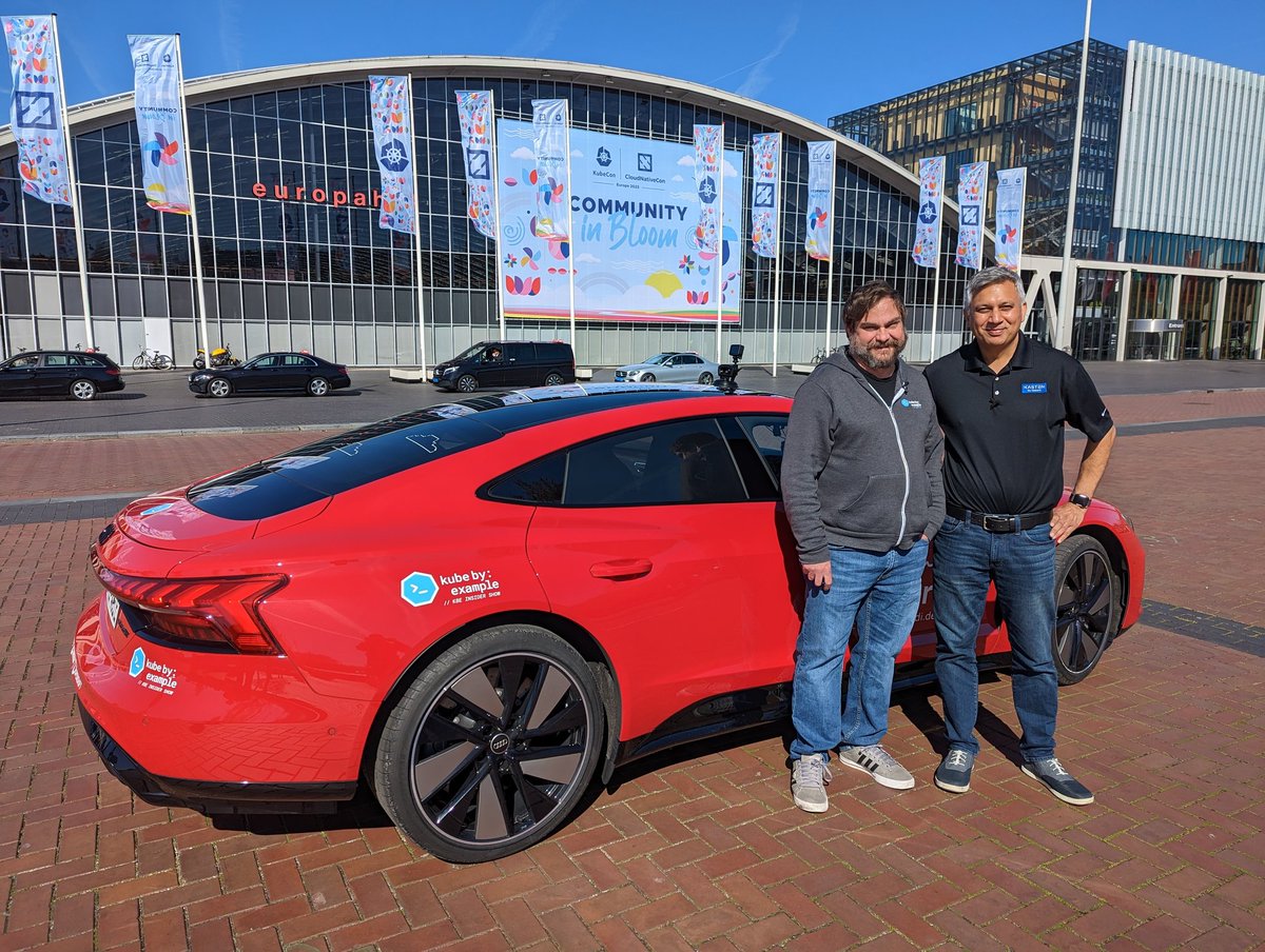 kubebyexample's tweet photo. We kick-off Day 1 with a full day of #KBEInsider car interviews! Shout-out to our friends @CathPaga @todaywasawesome and Gaurav Rishi @kastenhq for spending your AM with #KBE. We had a blast with @1angdon driving the #audi around AMS! Coffee anyone? #KubeConEU #KubebyExample #k8s https://t.co/OLYma60YoX