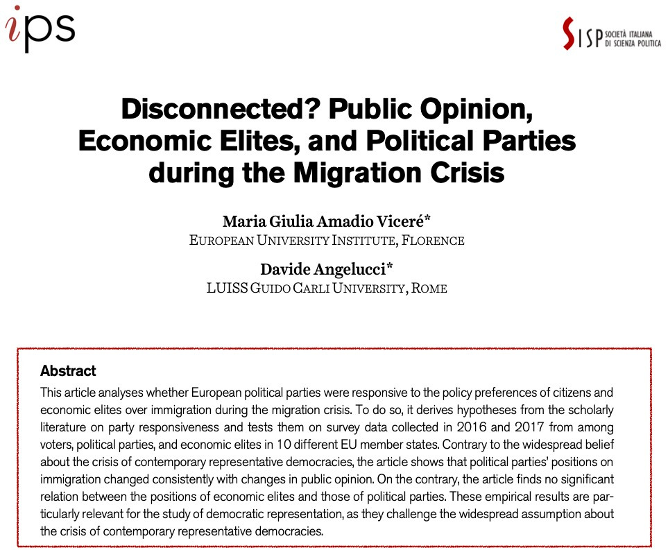 italianpolsci's tweet photo. Are political elites disconnected from voters and interest groups? Examining data from the #EUengage project, @mariagiuliaama and Davide Angelucci provide relevant insights across Europe during the #migrationcrisis. @UniLUISS @EUI_Schuman. Available here: https://t.co/poAuLGt8MZ https://t.co/5k21kieHwx