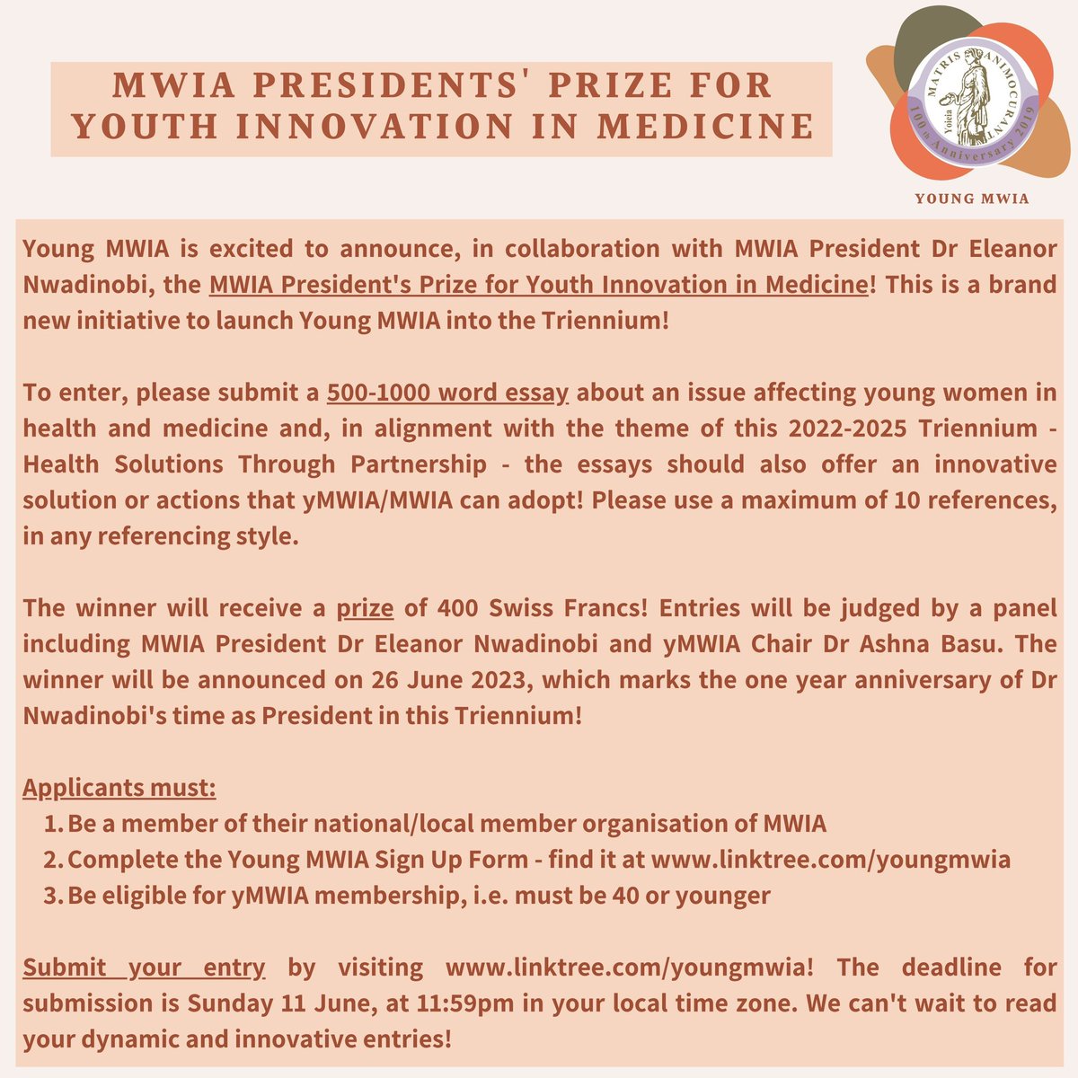 We are SO excited to announce our brand new MWIA Presidents' Prize for Youth Innovation in Medicine! ⚡️🥳

Sign up for YMWIA here: forms.gle/a9Ar5WAs7ZxWkk…

Submit your entry here: forms.gle/F8cPWKAkyvKQys…