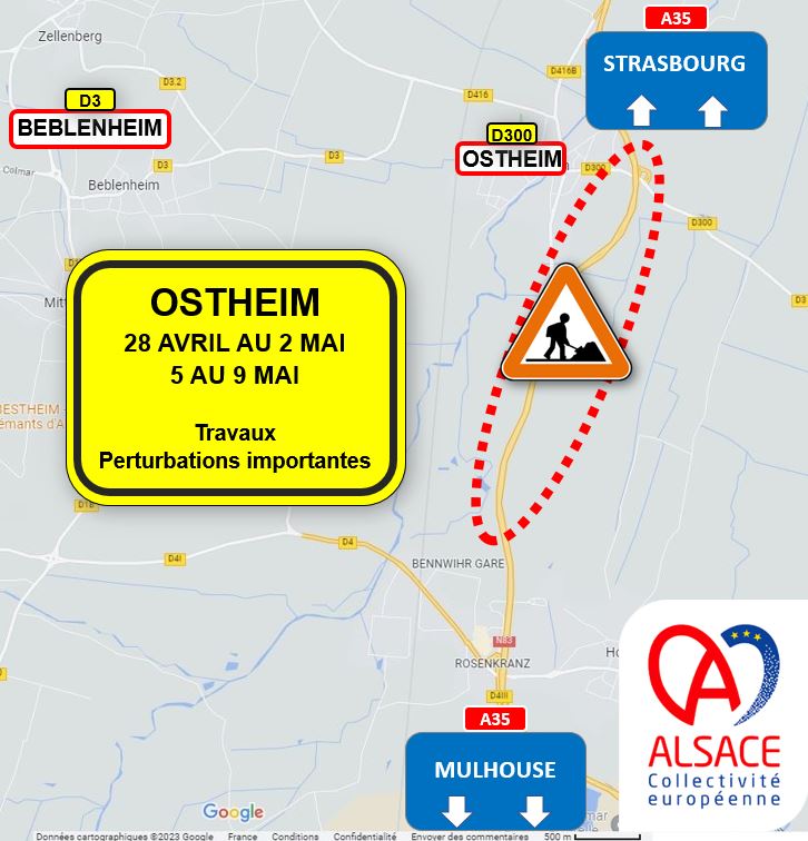 #InforouteAlsace #Ostheim : IMPORTANTES PERTURBATIONS à prévoir dans le secteur de Schoppenwihr, du vendredi 28 avril au mardi 2 mai, et du vendredi 5 mai au mardi 9 mai au niveau de la 2X2 voies RD83 ⛔️

🏗️Entretien de la chaussée