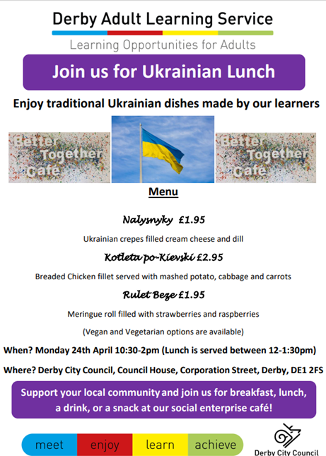 Join us for lunch and enjoy traditional Ukrainian cuisine cooked by our Ukrainian (and other nationalities) learners on Monday! 👇 @LLDerbyshire @asollowayUK <a href="/DerbyCA/">Community Action Derby</a> <a href="/DerbyshireHS/">Derbyshire High Sheriff</a> <a href="/derbyshireprom1/">DerbyshirePromotions</a> <a href="/refugeecouncil/">Refugee Council 🧡</a> <a href="/RedCrossMidland/">Red Cross Midlands</a> <a href="/BBCDerby/">BBC Derby</a>
