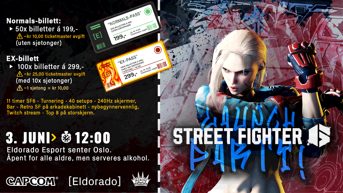 GreyfawkesFGC's tweet photo. Street Fighter 6 Launch Party på @EldoradoEsport 3. juni! RT, RT norske SF-folk🔁

- 11 timer med SF6 casuals 🥋
- 40 PCer /m 240Hz skjermer 🖥
- Gigantisk launch turnering 👑
- 5v5 showmatch 👴🏻🆚👶🏻 
+++

Kjøp billetter her: https://t.co/szIRAAfCZi

#StreetFighter6 #StreetFighter https://t.co/gmRRES0yGD