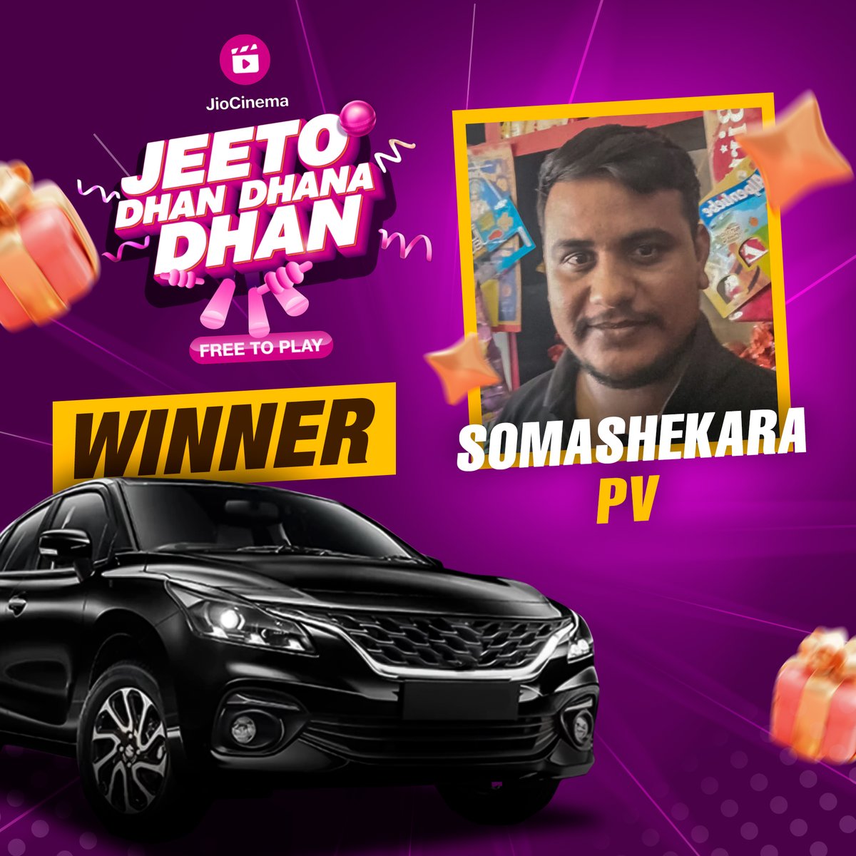HotstarReality's tweet photo. Shoutout to our #JeetoDhanDhanaDhan contest winner Somashekara PV for winning a 🚗 in the #RCBvCSK game👏  

Hold your phone in portrait mode before every over of the match to answer simple questions, and you could be the next lucky winner! 

T&amp;Cs apply, 18+ only 
#IPLonJioCinema https://t.co/Mx0a5WGAjM
