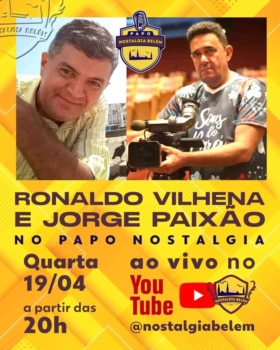ApoenaAugusto's tweet photo. O Papo Nostalgia desta semana é com o jornalista, locutor, apresentador, noticiarista e artista plástico eventual @ronaldo.vilhena e o cinegrafista @jorge_paixao1966.

Ao vivo, a partir das 20h, pelo canal oficial do @nostalgiabelem no YouTube. 

Não perca! https://t.co/Kk2LeFNJjP