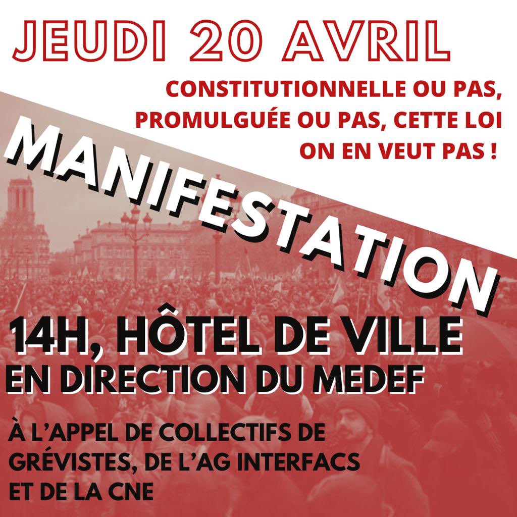 Constitutionnelle ou pas, promulguée ou pas, cette loi on en veut pas !!

Rdv 14h, hôtel de ville en direction du MEDEF pour la manif parisienne à l’appel de la CNE et de l’AG interfac 📢🔥
