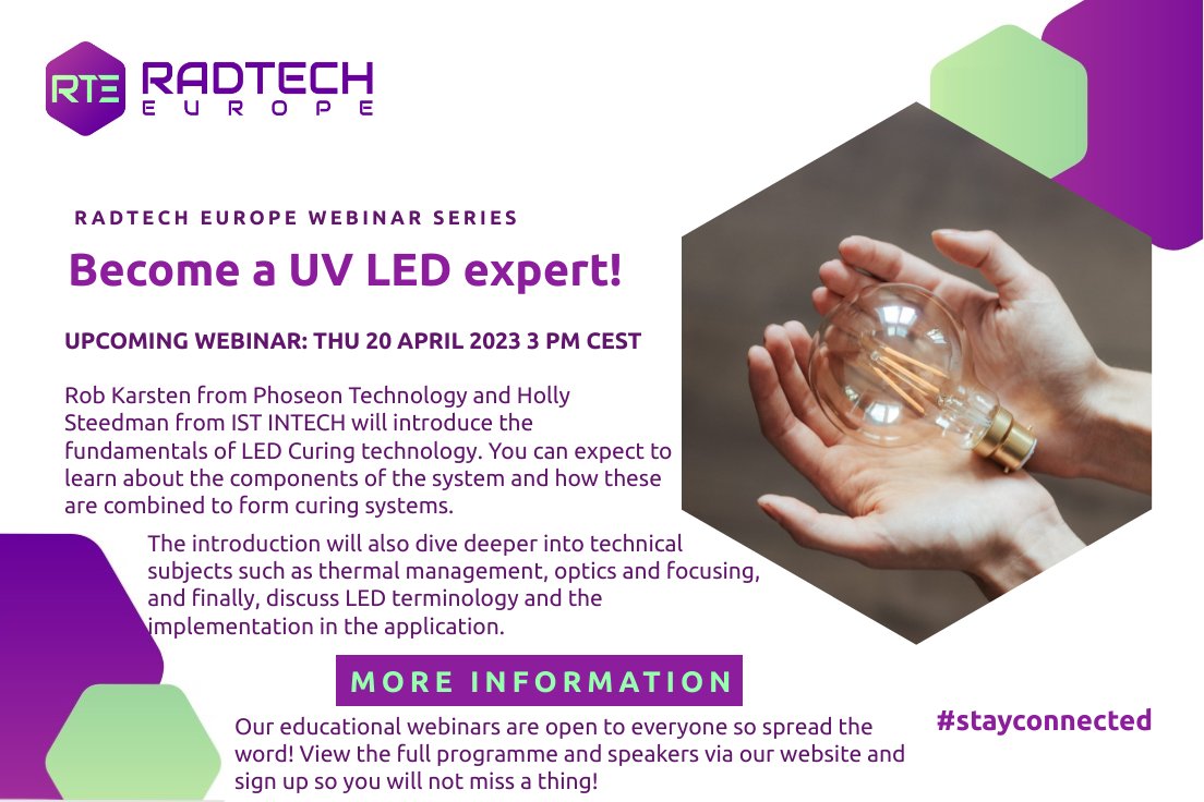RadTech_EU's tweet photo. Learn more about the basics of LED by joining our webinar tomorrow at 3 PM CEST - Open to everyone who is interested in UV LED - Check our website for more webinars and registration links https://t.co/txeO21Z7Nx #LED #webinar #energycuring https://t.co/numhfKU6UK