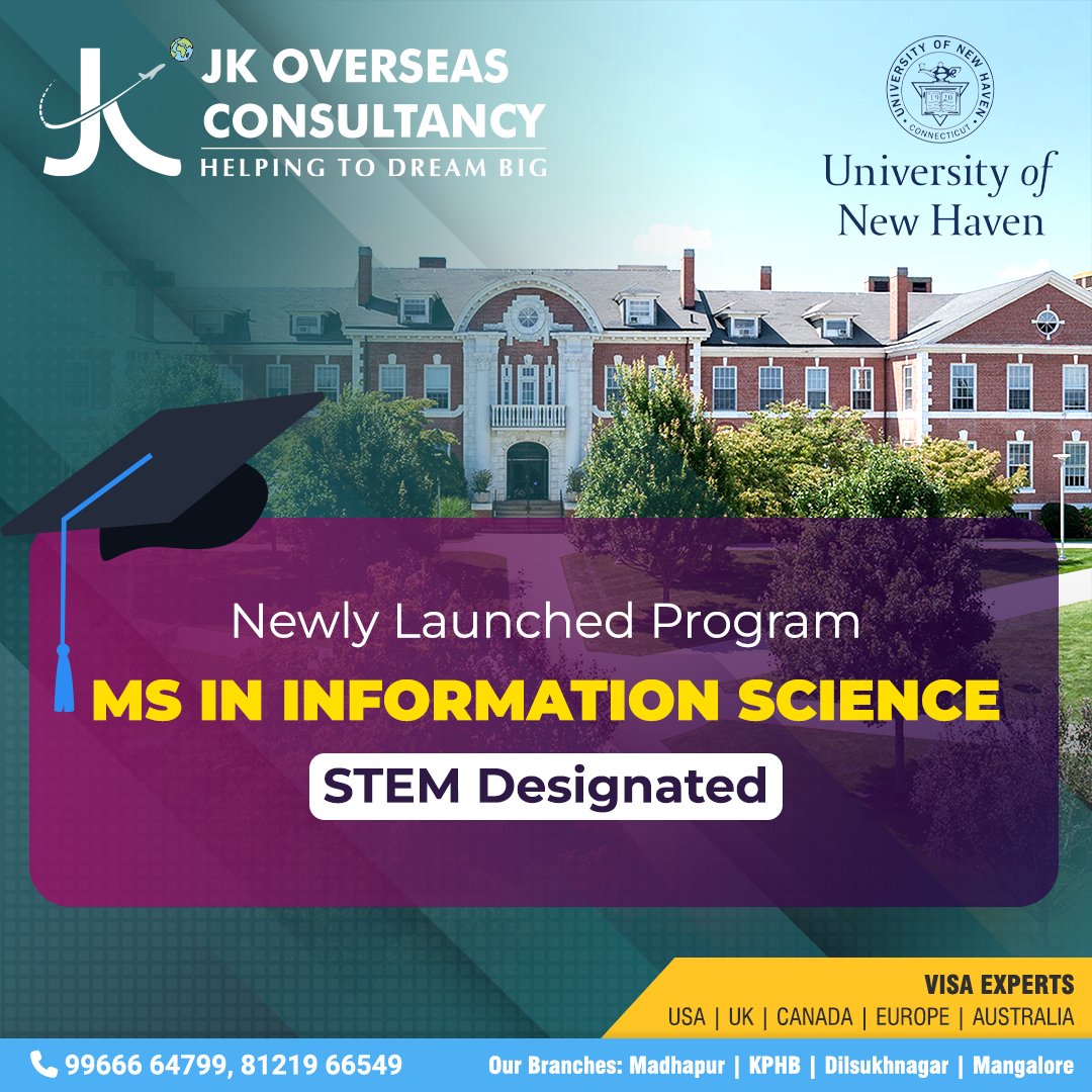 OverseasJk's tweet photo. Do you dream of studying abroad and exploring new horizons? The University of New Haven is now offering a fantastic opportunity to study #MS in #InformationScience, #STEMdesignated. Get in touch with #JKOverseas.
#StudyAbroad #UniversityofNewHaven #Opportunity #Launching #STEM https://t.co/jIxExoCY85