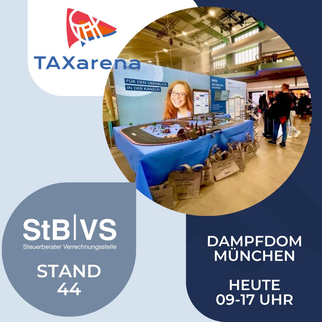StBVS's tweet photo. Heute findet die TAXarena im schönen München statt. Besucht uns am Stand 44 im Dampfdom der Motorworld. Passend zur Location haben wir unsere Carrera-Bahn wieder am Start. Dreht mit uns eine Runde! 🚗
#taxarena #innovationsmessefuersteuerkanzleien #digitalisierung #stbvs https://t.co/SbuCa34cNu