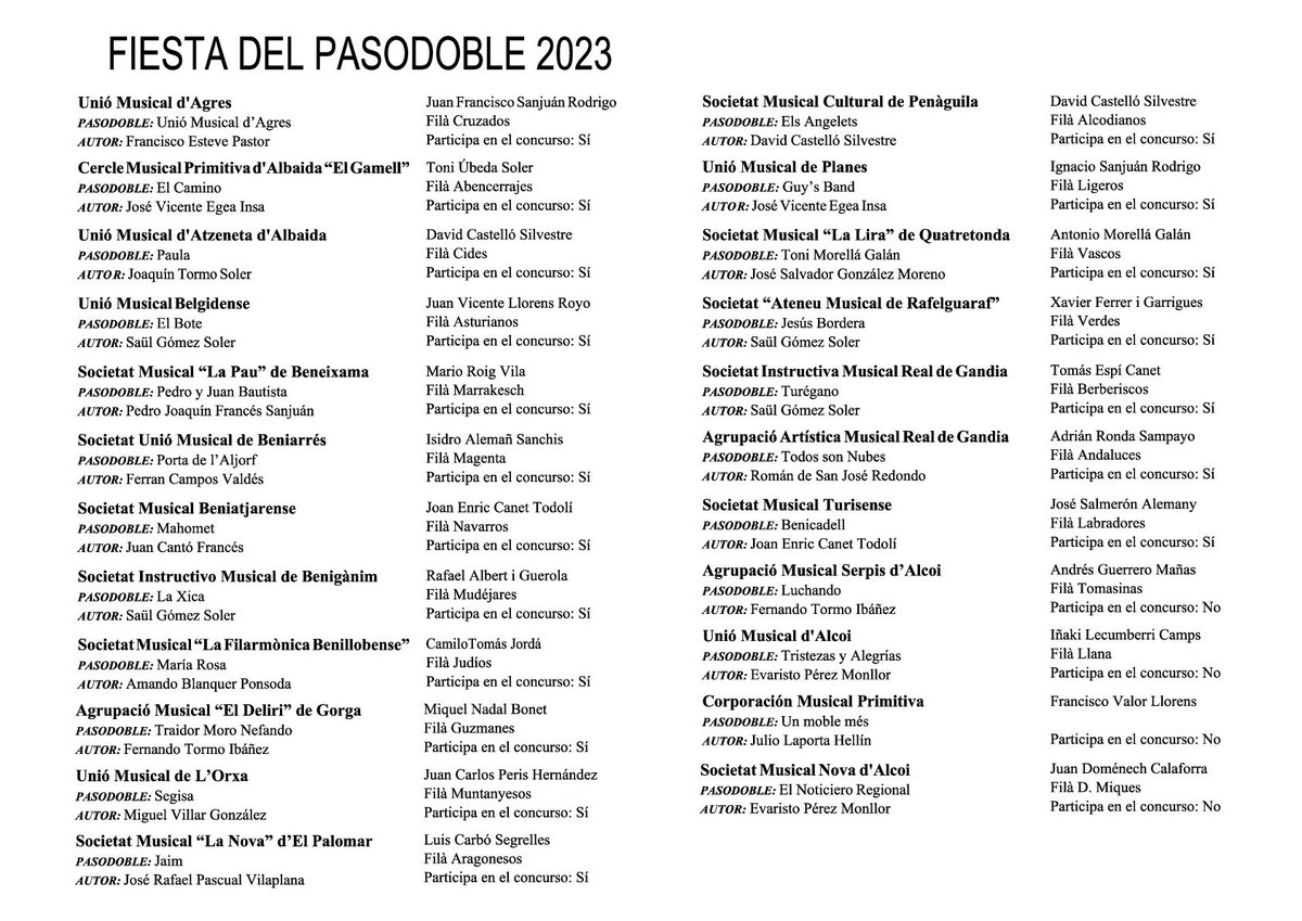 Programa certamen de bandes
..................................................
Programa certamen de bandas
#ALCOIenpositiu #ALCOIcultura #ALCOIfestes Associació de Sant Jordi Alcoi Ajuntament d'Alcoi Ajuntament d'Alcoi – Festes @Alcoy turismo