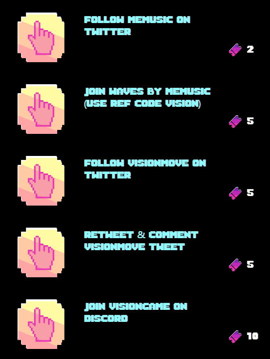 visionarcade_'s tweet image. On VisionArcade.io, games are not the only way to earn tickets🎟️Complete social tasks such as following @visionmove_ or @MeMusicNews to have higher chances to win #BNB and #VisionVIP ❣️#Airdrop #cryptogiveaway #BinanceSmartChain