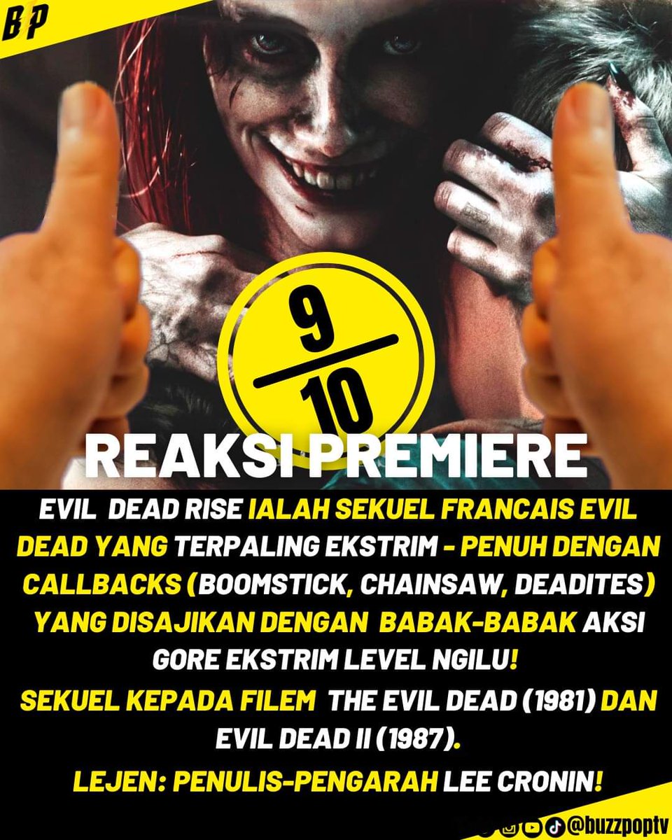 buzzpoptv's tweet photo. #EvilDeadRise: Aksi Horror Gore Yang Terpaling Ekstrim!😱

✅ Ala Sam Raimi's EVIL DEAD II (1987) cuma lebih ekstrim!

✅ Wajib tonton di pawagam untuk #EpicFeels!

✅ X perlu layan THE EVIL DEAD (1981), EVIL DEAD II (1987), ARMY OF DARKNESS (1991), EVIL DEAD (2013) untuk paham. https://t.co/XiUVw4IUgT
