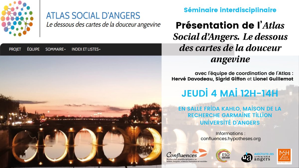 Le 5 mai de 12h à 14h nous proposons un séminaire #interdisciplinaire autour de l'Atlas social d'Angers porté par l'@umr_ESO à Angers. L'occasion d'échanger sur les opportunités offertes par cet Atlas en termes de collaborations interdisciplinaires et de valorisations