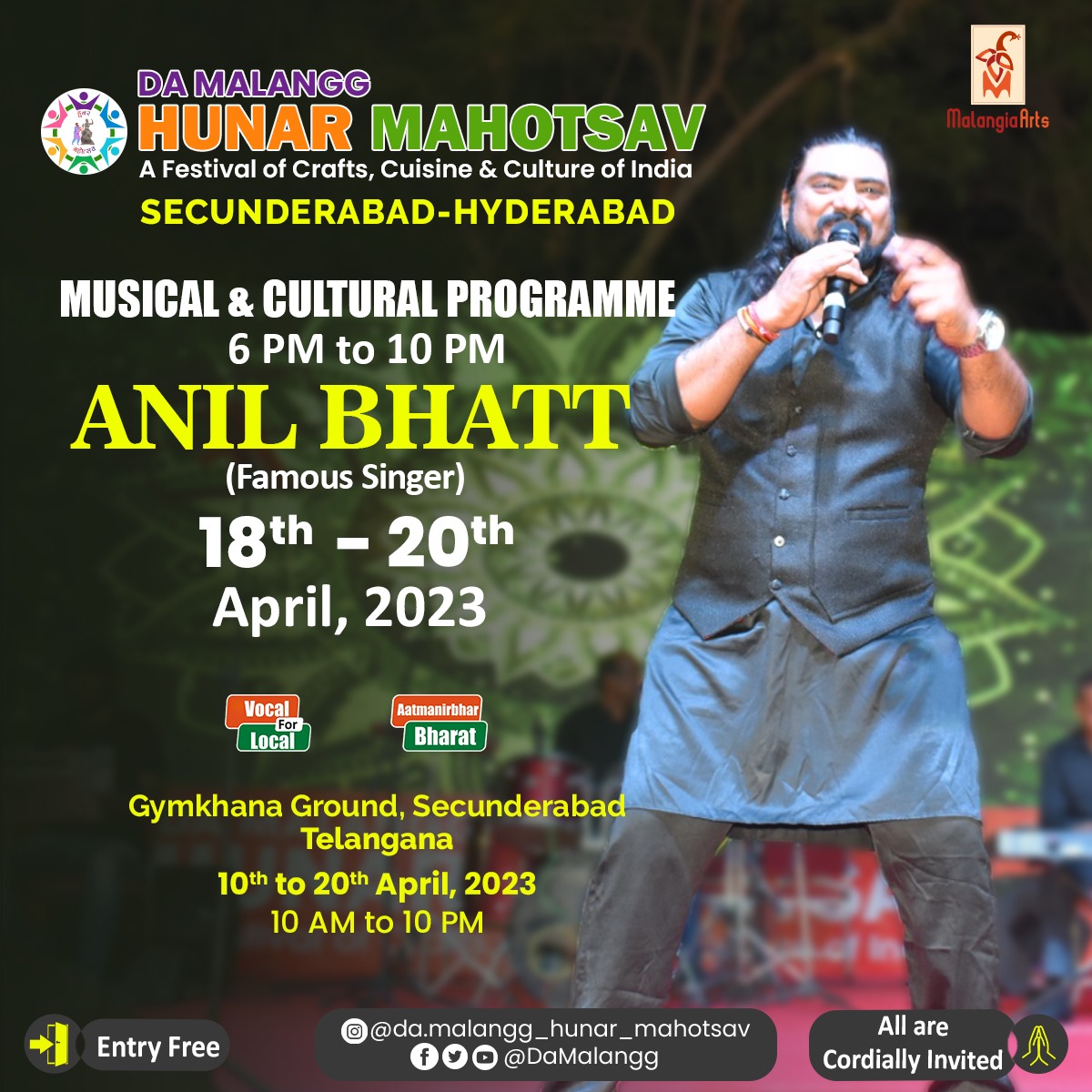 DaMalangg's tweet photo. Famous singer Anil Bhatt ji is going to perform live today at the Musical & Cultural Programme of Hunar Mahotsav at Gymkhana Ground, Secunderabad (Telangana).
All are Cordially Invited
6pm to 10pm
#LivePerformance #HunarMahotsav https://t.co/rBXFaLkQNn