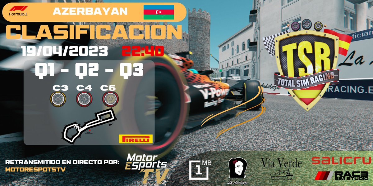 TSRSimRacing's tweet image. #AssettoCorsa #F1 #SimRacing #Azerbaijan 
              2ª Qualy TSR XI Campeonato 2023
                              19/04/2023    22:40

Retransmitido  @TwitchES twitch.tv/motoresportstv
@MotorEsportsTV 

Todo listo para la 2ª cita del campeonato mas competitivo del SimRacing.