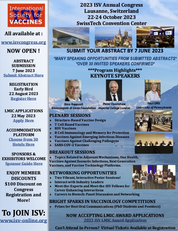 Nick Grassly (@vaccineepi) on Twitter photo International Society for Vaccines annual congress
22-24 Oct 2023 in Lausanne
featuring <a href="/p_openshaw/">Peter Openshaw</a> <a href="/jebujohn/">Jacob John</a> and others
applications for support for early career researchers from LMICs deadline 22 May 2023
form.jotform.com/230927411122142
great conference! International Society for Vaccines annual congress
22-24 Oct 2023 in Lausanne
featuring <a href="/p_openshaw/">Peter Openshaw</a> <a href="/jebujohn/">Jacob John</a> and others
applications for support for early career researchers from LMICs deadline 22 May 2023
form.jotform.com/230927411122142
great conference!