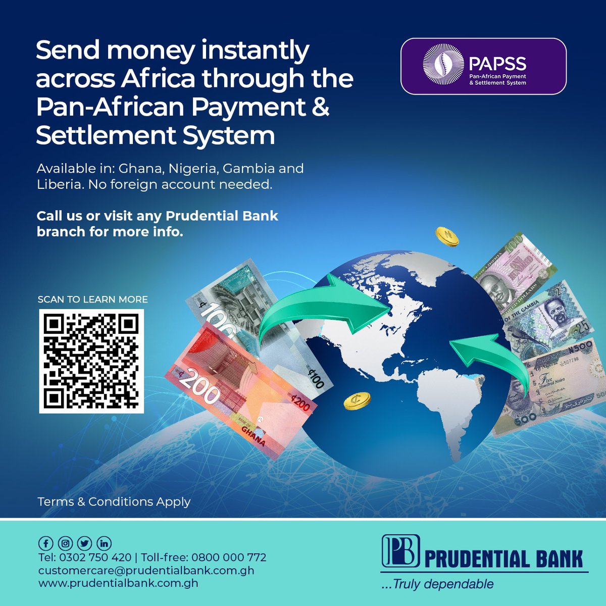 pblghana's tweet photo. Funds transfer within Africa made simple! Make a PAPSS transfer by sending Cedis to Nigeria, Gambia and Liberia the easy way. No foreign account is required.

Find out more here: https://t.co/yqlr29fgu5 

#PrudentialBankGh
#TrulyDependable https://t.co/MDVKwmaatQ