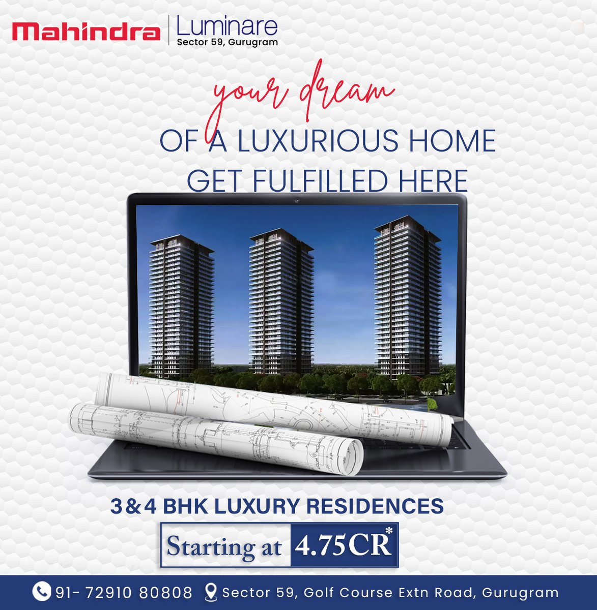 khushi_housing's tweet photo. MAHINDRA LUMINARE, Sector 59, Golf Extension Road, Gurugram
3 BHK &amp; 4BHK Flats are available.
Price starting at 4.75 Cr.
Wrap-Around Balconies
Private Elevator Lobby
Landscaped Gardens
Club House https://t.co/WSejI908eR