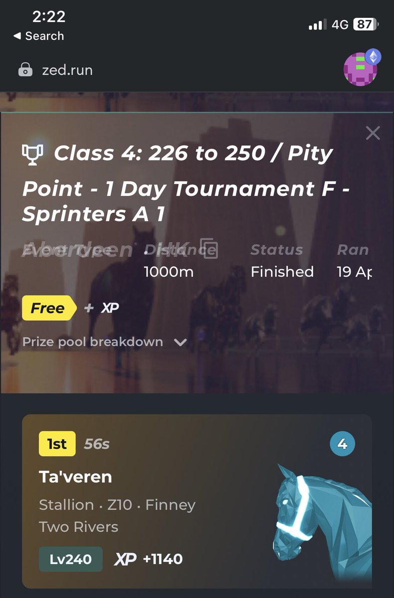 First ever <a href="/zed_run/">zed_run</a> tournament win. Shame it was a pity point and shame it was only XP but still feel proud. Shout out to <a href="/Boris_Studs/">Boris</a> as this was a horse I won very early on from their lifetime prize program. Check out the red room if you haven’t already.