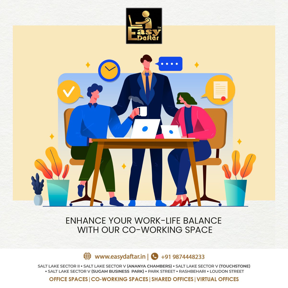 Boost your productivity with and achieve work-life balance with our co-working space. 💻💼

#EasyDaftar #coworking #sharedworkspace #startup #entrepreneur #collaboration #community #networking #flexiblespace #productivity #innovation #worklifebalance #creativity #workfromanywhere