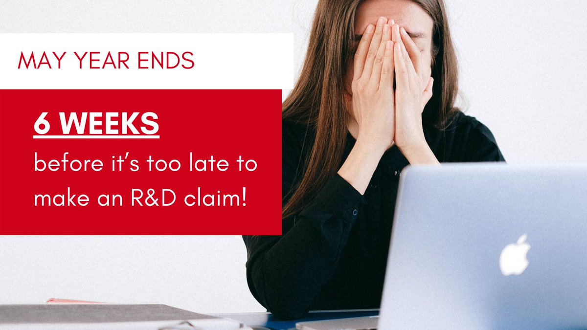 Have a client with a MAY Year End?

They have JUST 6 WEEKS to make an R&amp;D claim.

Miss it, and they’ll lose their claim.

Don’t wait, act now.

#accountingandaccountants #uksmallbusiness #uktax