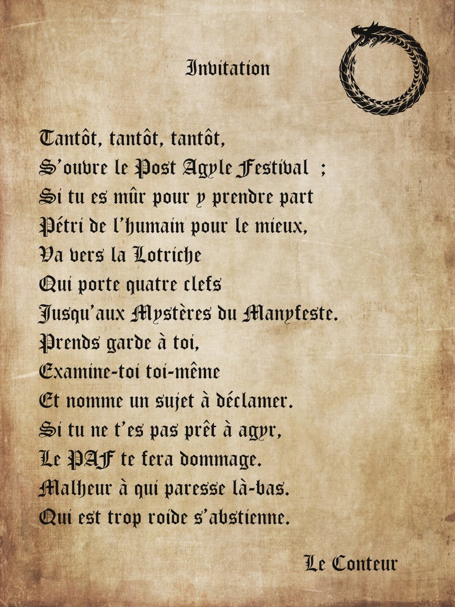 Invitation : tantôt, tantôt, tantôt, s’ouvre le Post Agile
Festival. Seras-tu assez brave pour suivre le Conteur et t’inscrire à la Lotriche ? sites.google.com/view/postagile… #PAF2023 <a href="/cara_grenoble/">CARA Grenoble</a> #mystère #agile #événement #juin #création #collectif #ÀPlusDansLBus