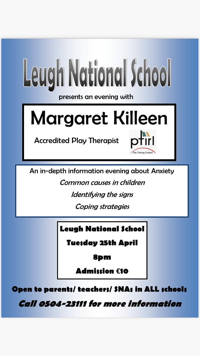 Please please spread awareness of this terrific event. Anxiety in children is prevalent! Parents/staff from ALL schools welcome! <a href="/TippLib/">TippCoCoLibraries</a> <a href="/TippFM/">Tipp FM</a> <a href="/TipperaryLive/">TipperaryLive</a> <a href="/ThurlesHour/">Thurles Hour</a> <a href="/ThurlesParish/">Thurles Parish</a> <a href="/Loughmore_Gaa/">Loughmore-Castleiney GAA Club</a> <a href="/thurlessars/">Thurles Sarsfields</a> <a href="/Education_Ire/">Department of Education and Youth</a>