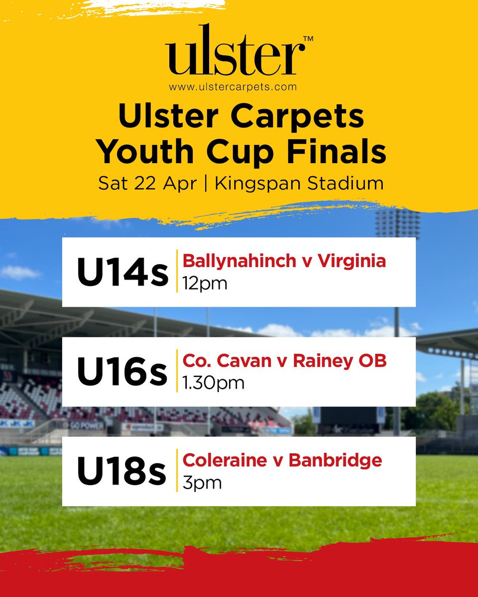 UlsterBranch's tweet photo. 🏆 3 Finals will be held at Kingspan Stadium as the @UlsterCarpets Youth Cup season concludes on Saturday!

Best of luck to all the finalists on what will surely be another fantastic day of Youth Rugby 💪 https://t.co/XiCvfml09n