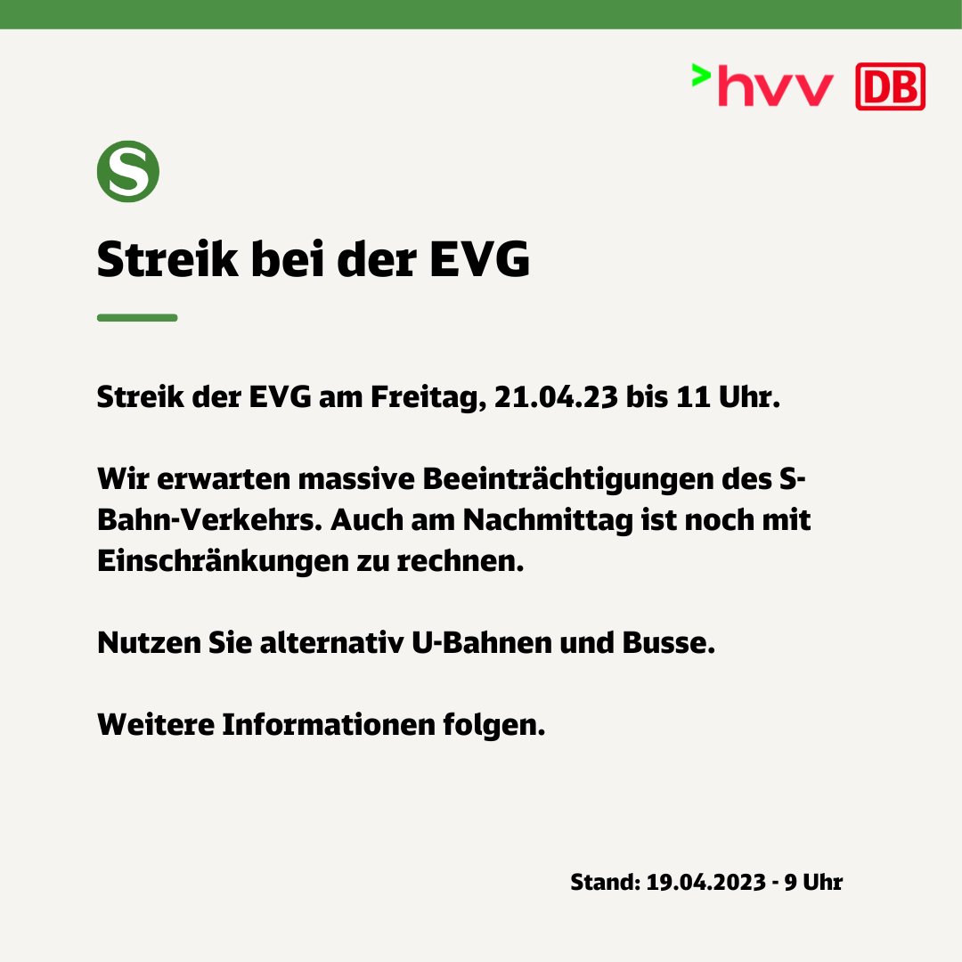 SBahnHamburg's tweet photo. 🛑 Streik der EVG am Freitag, 21.04.23 bis 11 Uhr. Wir erwarten massive Beeinträchtigungen des S-Bahn-Verkehrs. Nutzen Sie alternativ U-Bahnen und Busse. Weitere Informationen folgen.
#S1 #S11 #S2 #S21 #S3 #S31 #hvv #sbahnhh https://t.co/azrzONAZ8F