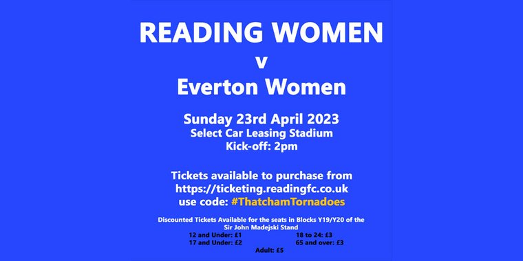 Reading Women looking for your support in the stadium for their match on Sunday 23rd April against Everton at the Select Car Leasing Stadium - discounted tickets available
thatchamtornadoes.com/news/reading-w…