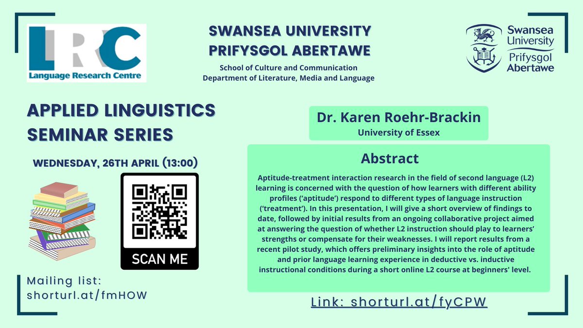 LRC_Swansea's tweet photo. 26/04/2023 LRC Seminar Series / Cyfres seminarau CYI (13:00).
.
Karen Roehr-Brackin: "Aptitude-treatment interaction research in L2 learning" . Link here / dolen yma: https://t.co/gJB7WOFI0X
.
#AppliedLinguistics #L2Learning #LanguageAptitude https://t.co/NKM7slDb4l