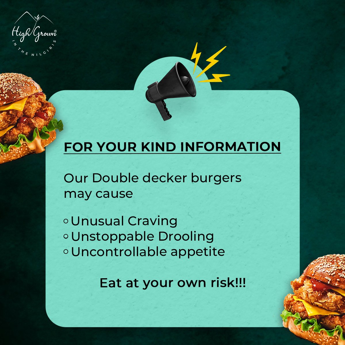 Our double decker burgers are so yummy that it may cause the above symptoms. Kindly eat at your own risk.

#cafe #restaurant #kotagiri #restaurantfood #foodaddict #cafetime #goodeats #instagood #forkyeah #italianfood #nomnom #photooftheday #reelsinstagram #zomato #order
