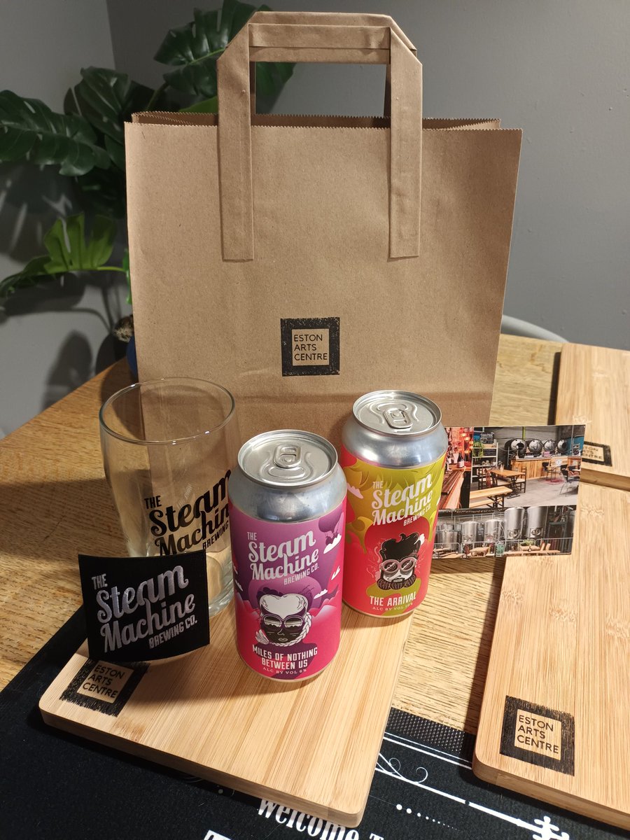 estonartscentre's tweet photo. We're open again tomorrow from 12 - 7. Pop in to see #theartofbrewing exhibition and enjoy a Steam Machine beer to drink in or takeaway from #thevaulteac - these gift packs are available with your choice of lovely 🍺 from our selection #beerisart #craftbeer #eston https://t.co/8lW3muFfNB