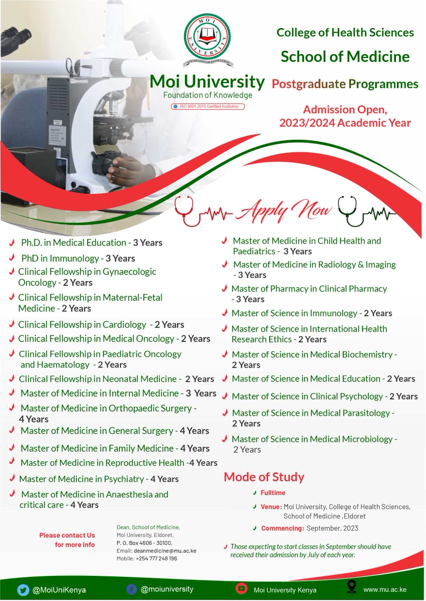MoiUniKenya's tweet photo. Postgraduate Applications ongoing, College of Health Sciences, School of Medicine...
Visit: https://t.co/ZCHCkAK0Na https://t.co/pa2DAlBZxH