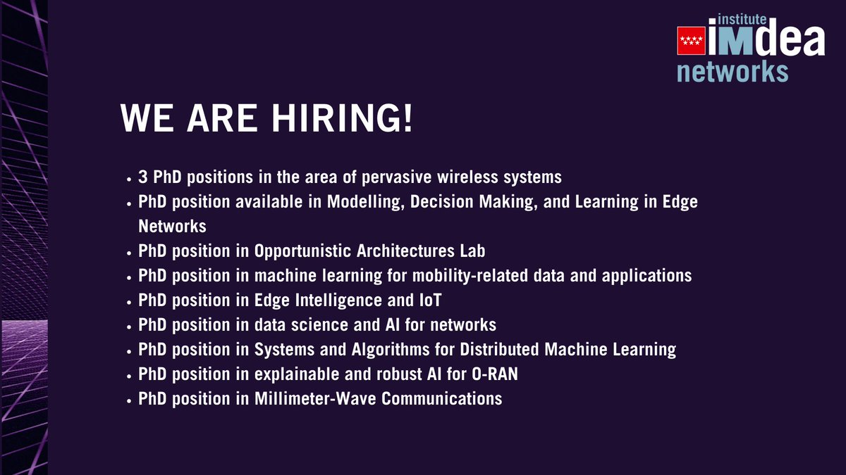 Ready for the next step in your career? 🚀

✳️ We have #PhD positions open in different areas of networking technologies. Don't let this opportunity pass you by and continue to grow professionally. 

Check out the skills required and apply now! 👉 networks.imdea.org/job-opportunit…

#hiring