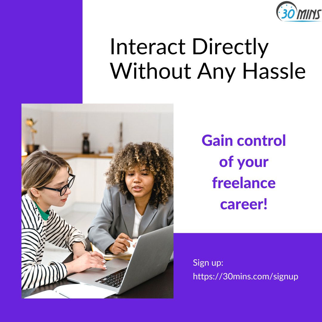 30mins_com's tweet photo. Interact directly with the clients without any barrier. Sign up now: https://t.co/BObESNh4WM

#30mins #directinteraction #freelancer #meetings #schedulemeeting https://t.co/LlZZLIwwU2