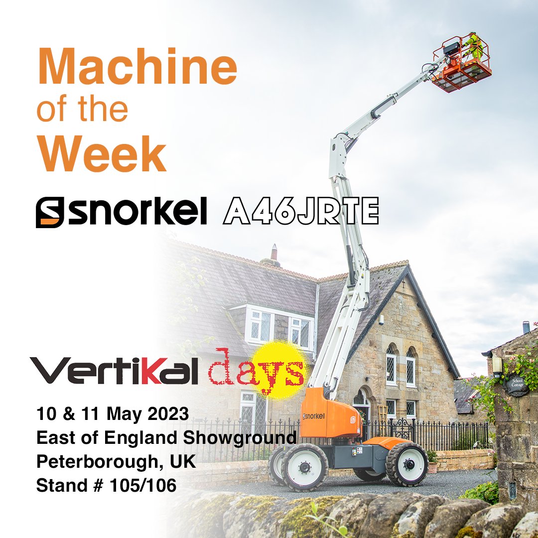 The Snorkel A46JRTE is our #MachineoftheWeek! The A46JRTE articulating boom lift offers clean performance and quiet operation from lithium-ion batteries.

See it up close at <a href="/Vertikaldays/">Vertikal days</a> 2023 in Peterborough, UK. We’ll have one on display along with other Snorkel lifts!