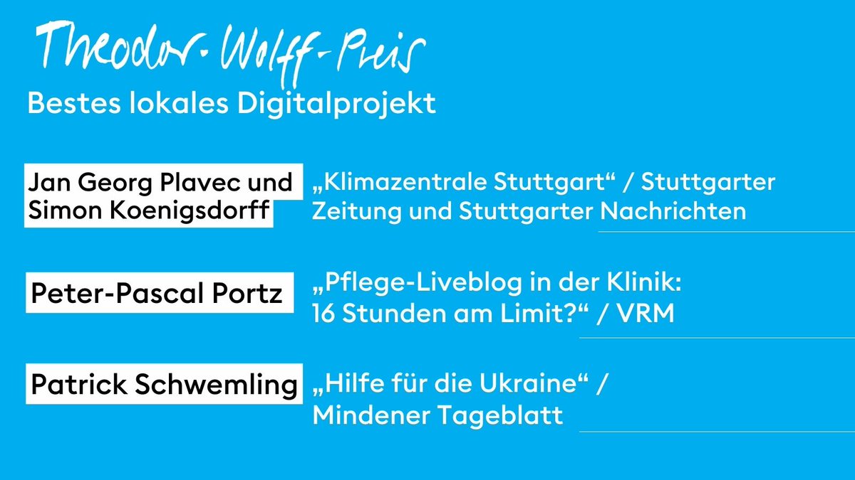 BdzvPresse's tweet image. Glückwunsch! Für den Theodor-Wolff-Preis #TWP2023 in der Kategorie Bestes lokales Digitalprojekt sind nominiert: @JanGeorgPlavec und @koenigsdorff_s @StZ_NEWS, Peter-Pascal Portz @VRMwirbewegen sowie Patrick Schwemling @MT_INTERN. Mehr am 21.6. in Berlin  tinyurl.com/4nuzz3rw