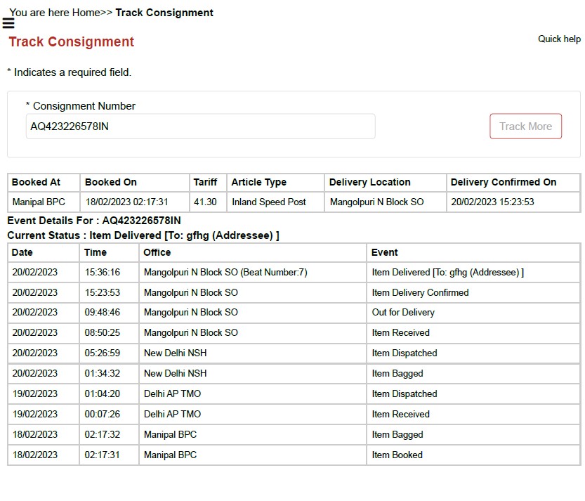 Extremophile_LR's tweet photo. @IndiaPostOffice May have reached the farthest corner. But could not deliver Speed Post on time, even in Delhi Region. Consignment not delivered after 2 Months. Please Look into this.
#misleading
#wrongupdate
#dissatisfaction https://t.co/1H2uo2F6JK