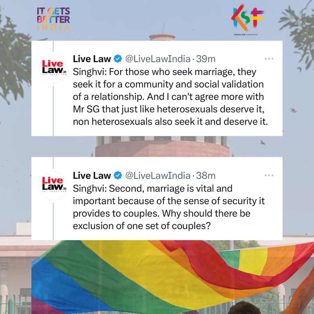 KSF_IN's tweet photo. Sr. Advocate Dr. Abhishek Manu Singhvi stated 5 reasons why the LGBTQIA+ community is fighting hard for #MarriageEquality. 
.
Credits: @LiveLawIndia 
.
#SameSexMarriage #SupremeCourt #LGBTQIAplus #LoveIsLove #ItGetsBetterIndia https://t.co/zYAYZnfYWh