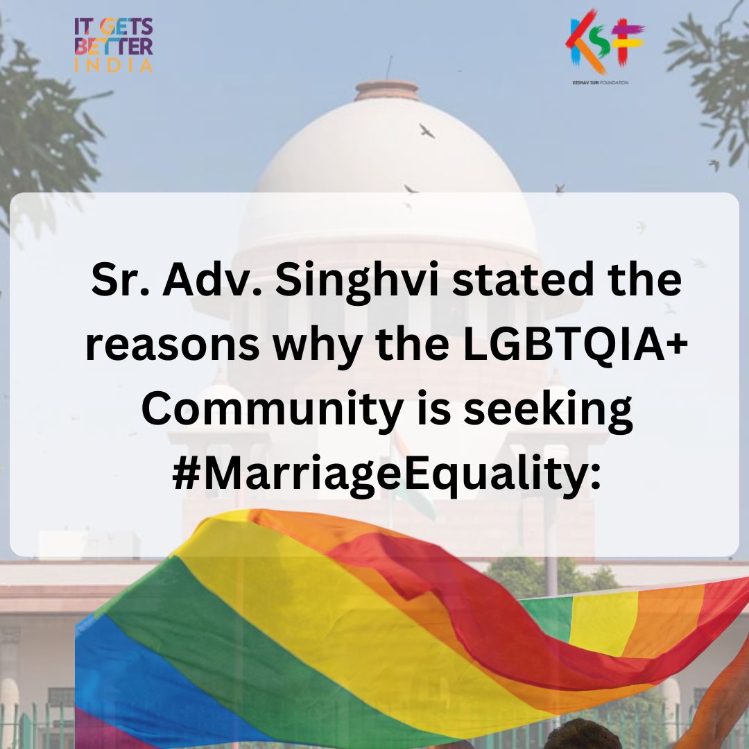 KSF_IN's tweet photo. Sr. Advocate Dr. Abhishek Manu Singhvi stated 5 reasons why the LGBTQIA+ community is fighting hard for #MarriageEquality. 
.
Credits: @LiveLawIndia 
.
#SameSexMarriage #SupremeCourt #LGBTQIAplus #LoveIsLove #ItGetsBetterIndia https://t.co/zYAYZnfYWh