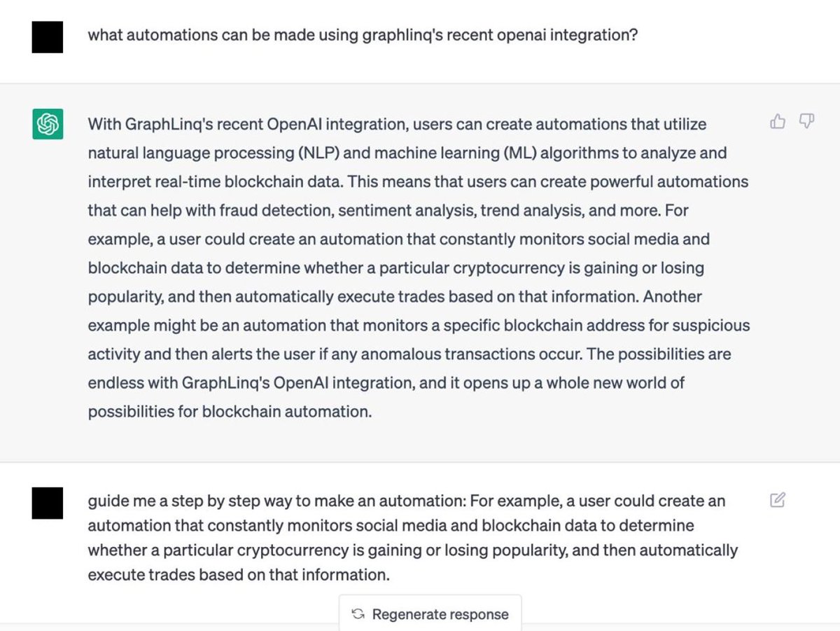graphlinq_proto's tweet photo. We asked #ChatGPT how we can use #GraphLinq to perform #AI automation using our recent #OpenAI integration and this is what it responded ⬇️ 

Try it out now: https://t.co/9hkxR9ZnpV

#GLQChain #AI #nocode #automation #blockchain #web3 https://t.co/uy8fNdYnmP