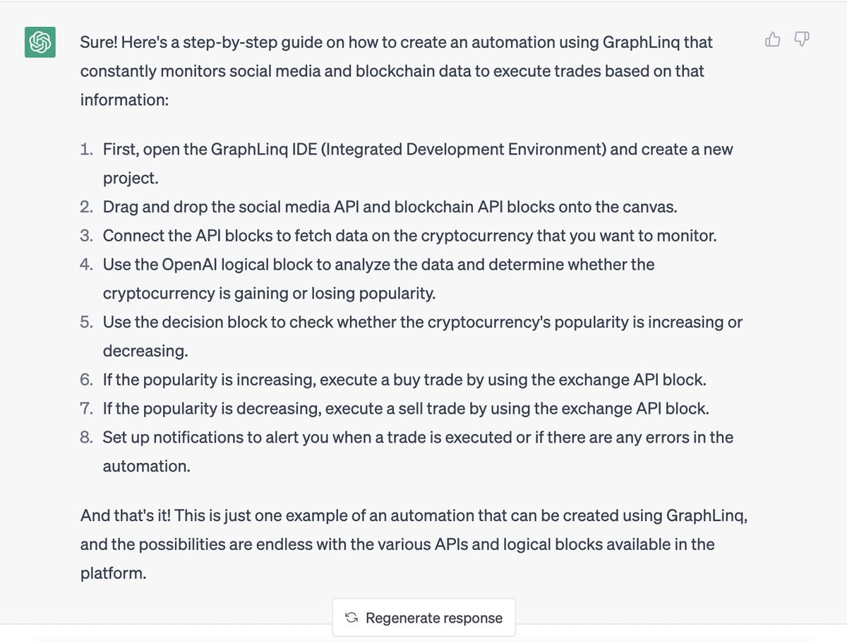 graphlinq_proto's tweet photo. We asked #ChatGPT how we can use #GraphLinq to perform #AI automation using our recent #OpenAI integration and this is what it responded ⬇️ 

Try it out now: https://t.co/9hkxR9ZnpV

#GLQChain #AI #nocode #automation #blockchain #web3 https://t.co/uy8fNdYnmP